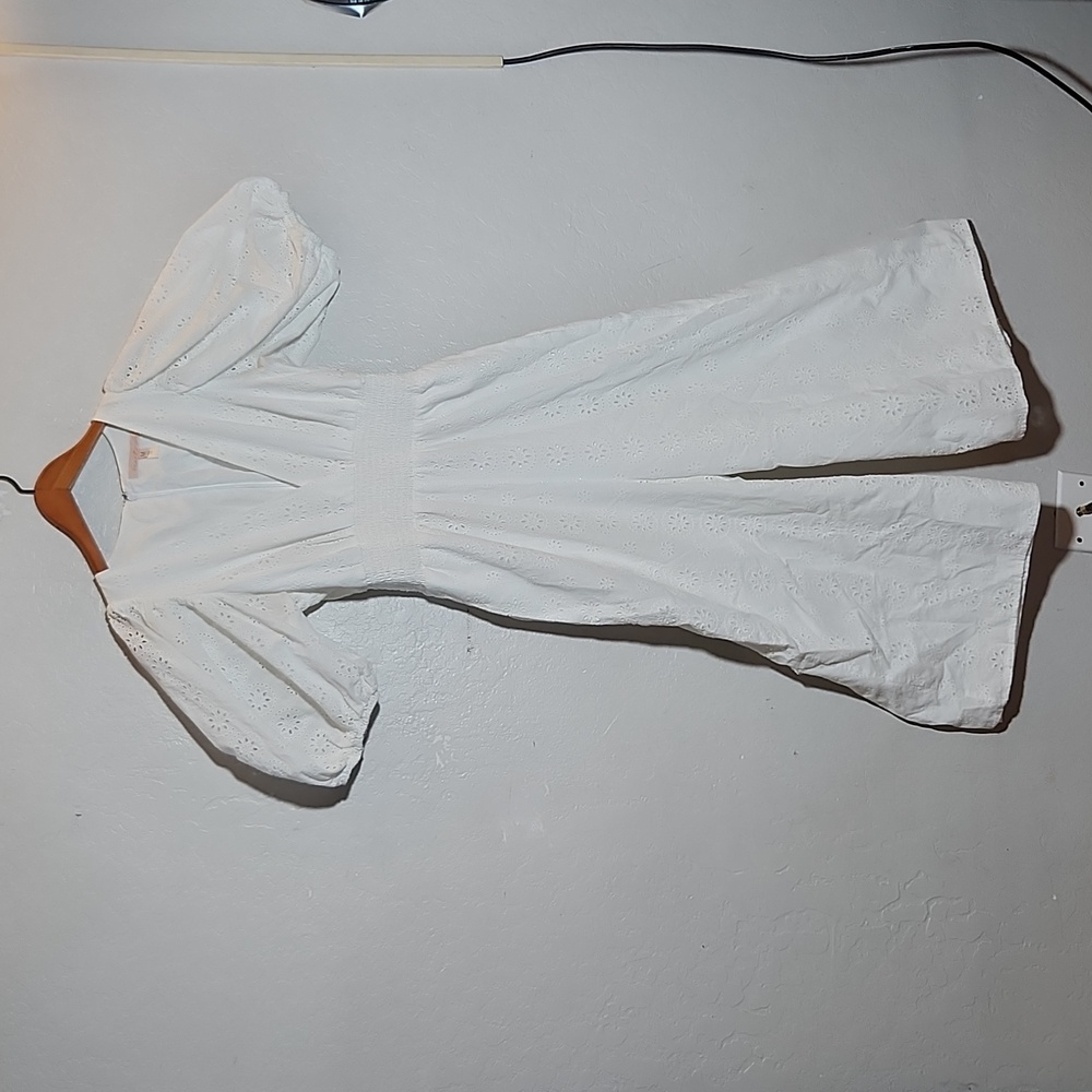 HUTCH White Eyelet V Neck Puff Sleeve Wide Crop Leg Romper Medium